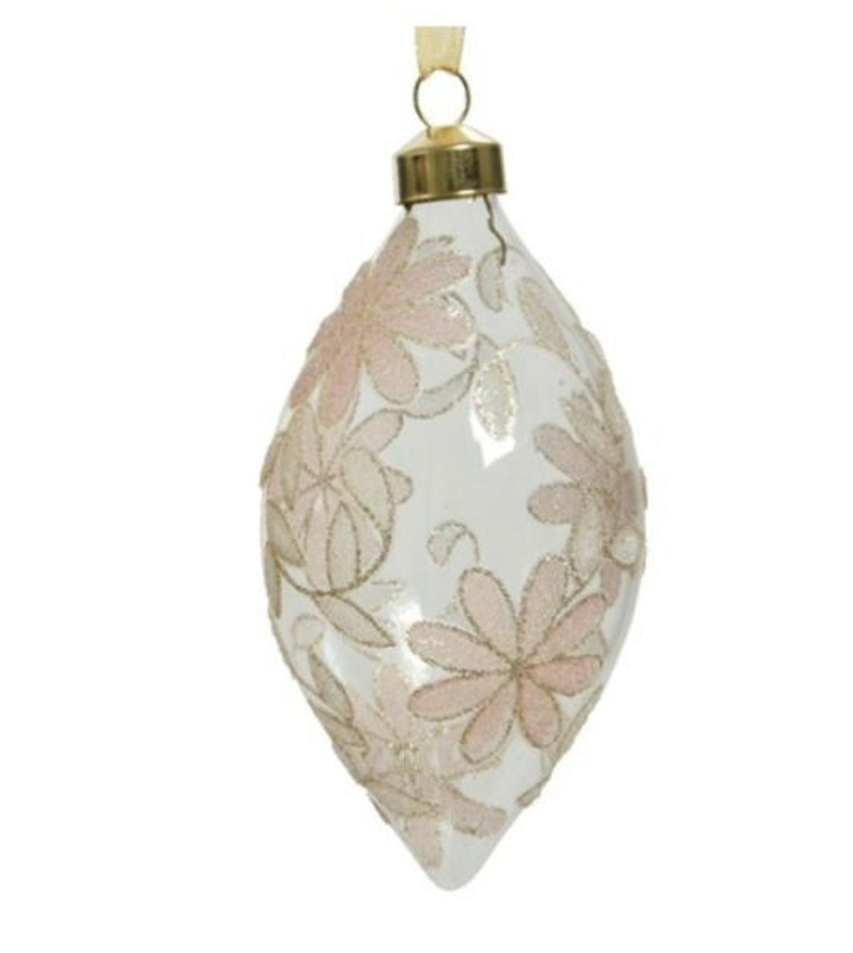 Christmas Tree Decoration: Glass Bauble Teardrop Floral ROMANTIC - Pink & Gold