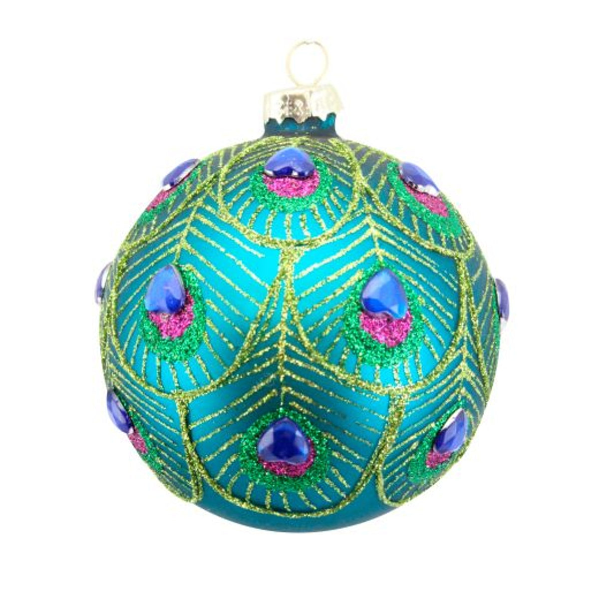 Christmas Tree Decoration: Glass Bauble w Glitter Peacock Feathers - Green - Gisela Graham