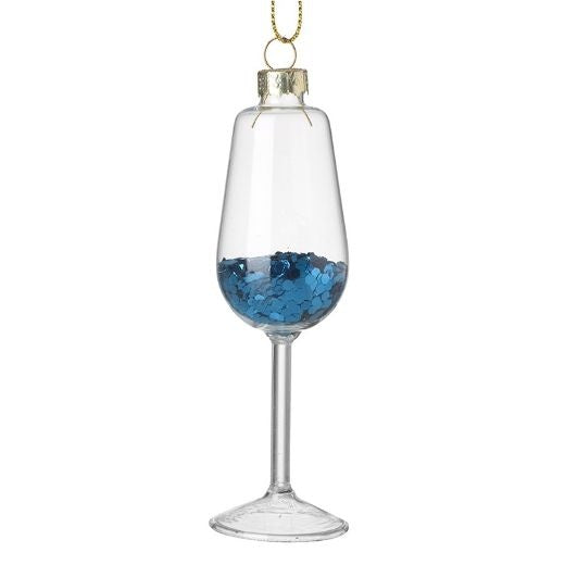 Christmas Tree Decoration: Glass Champagne Flute Glitter Fill - Blue