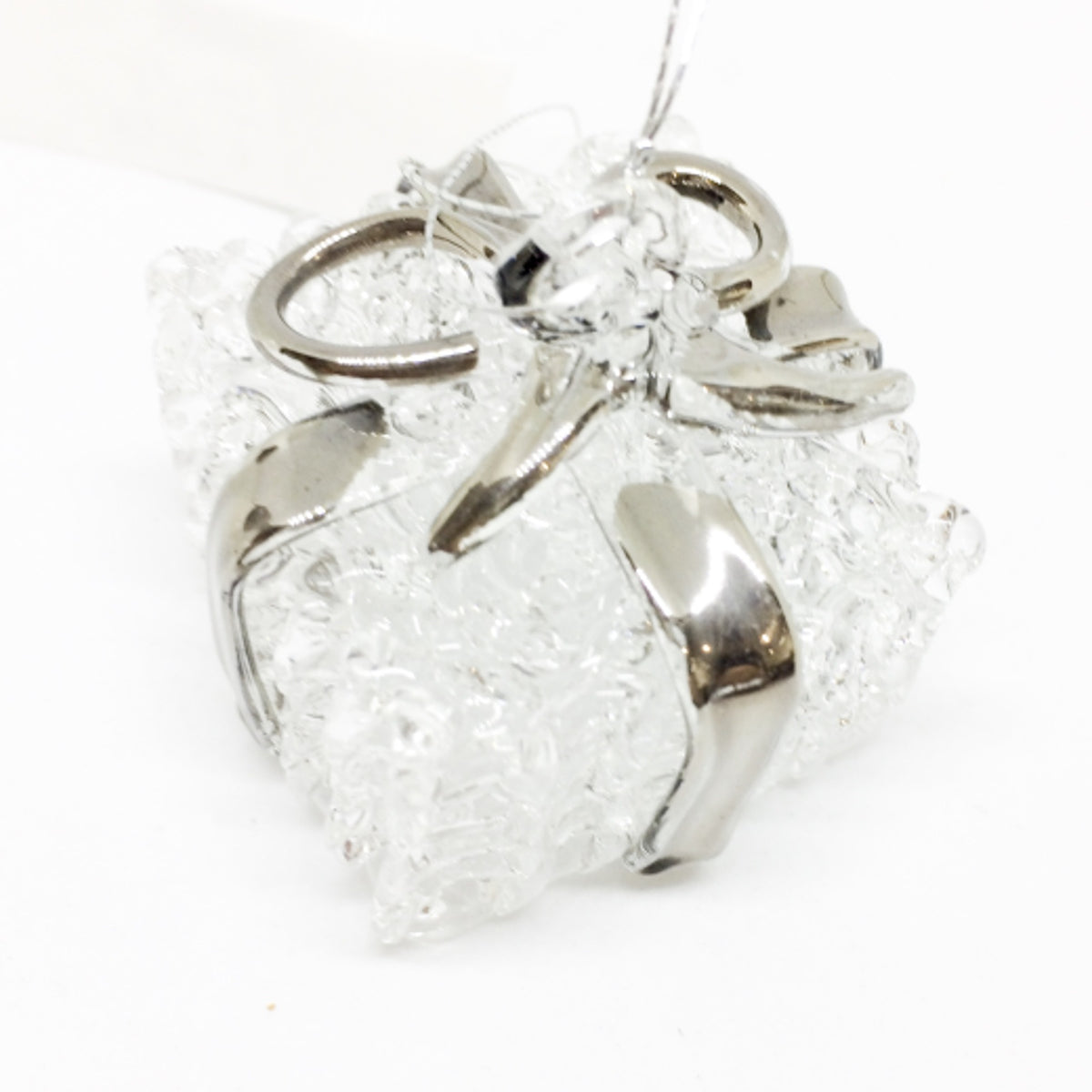 Christmas Tree Decoration: Glass Xmas Present  - Silver