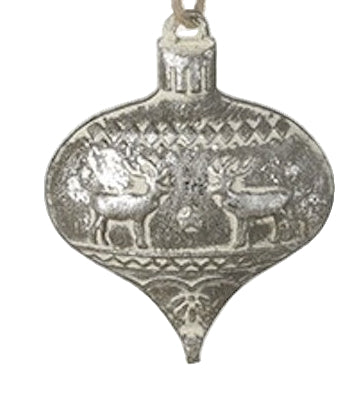 Christmas Tree Decoration: Metal Bauble Flat Reindeer Design - Silver