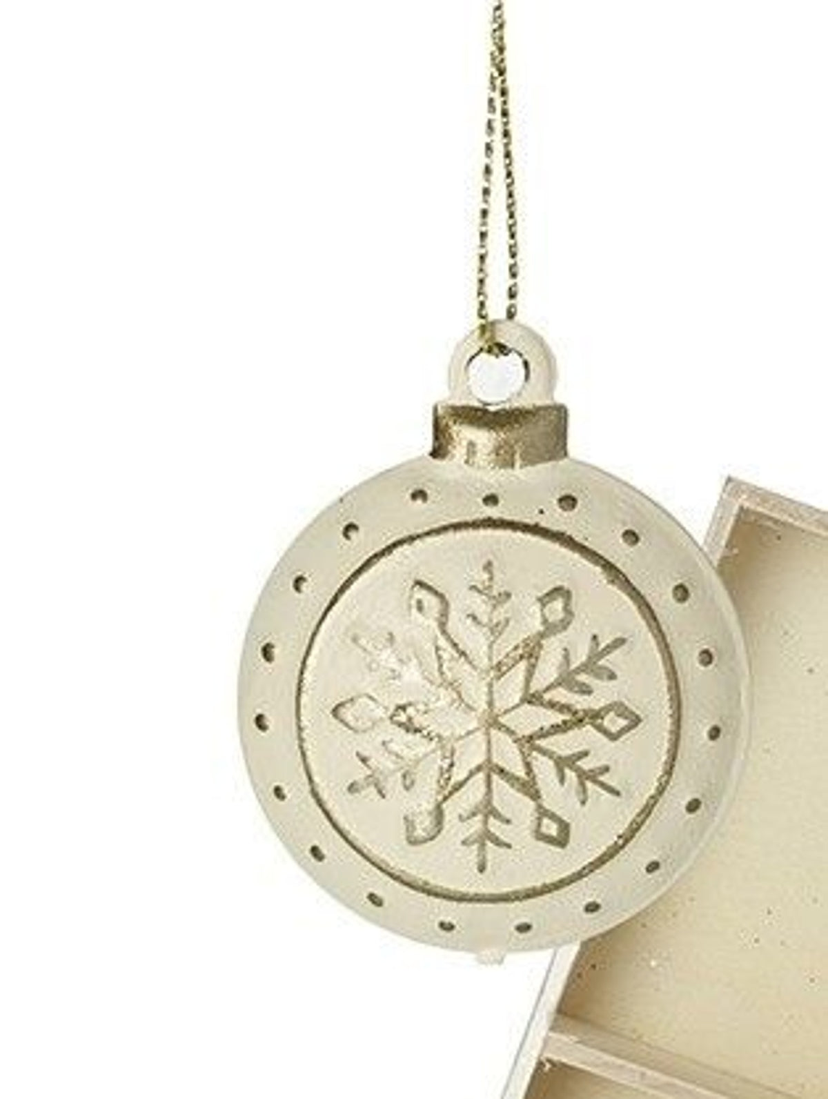 Christmas Tree Decoration: Metal Bauble Flat Snowflake - White & Gold