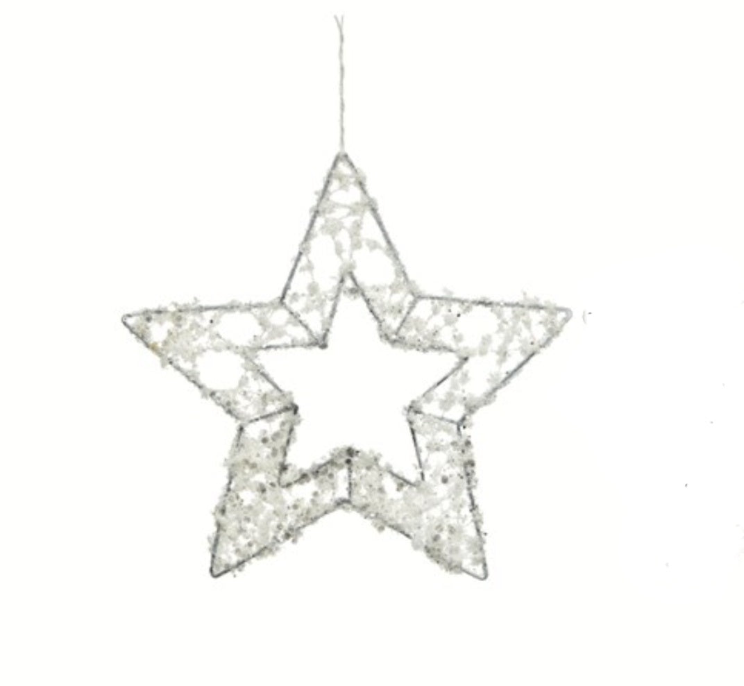 Christmas Tree Decoration: Metal Open Star Beaded Glitter - White