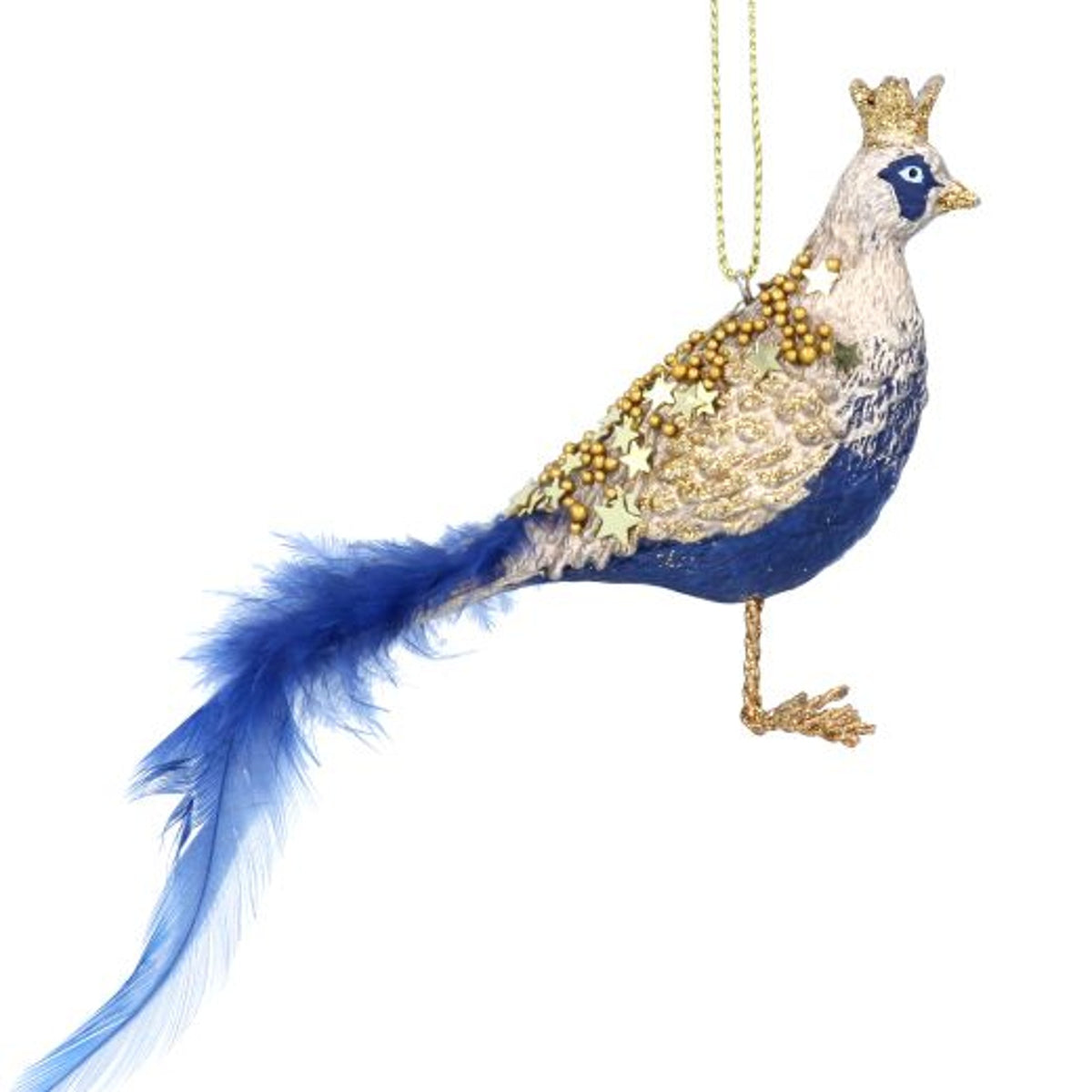 Christmas Tree Decoration: Resin Bird Pheasant Beaded Feather Tail Ass Designs Gold & Blue - Gisela Graham