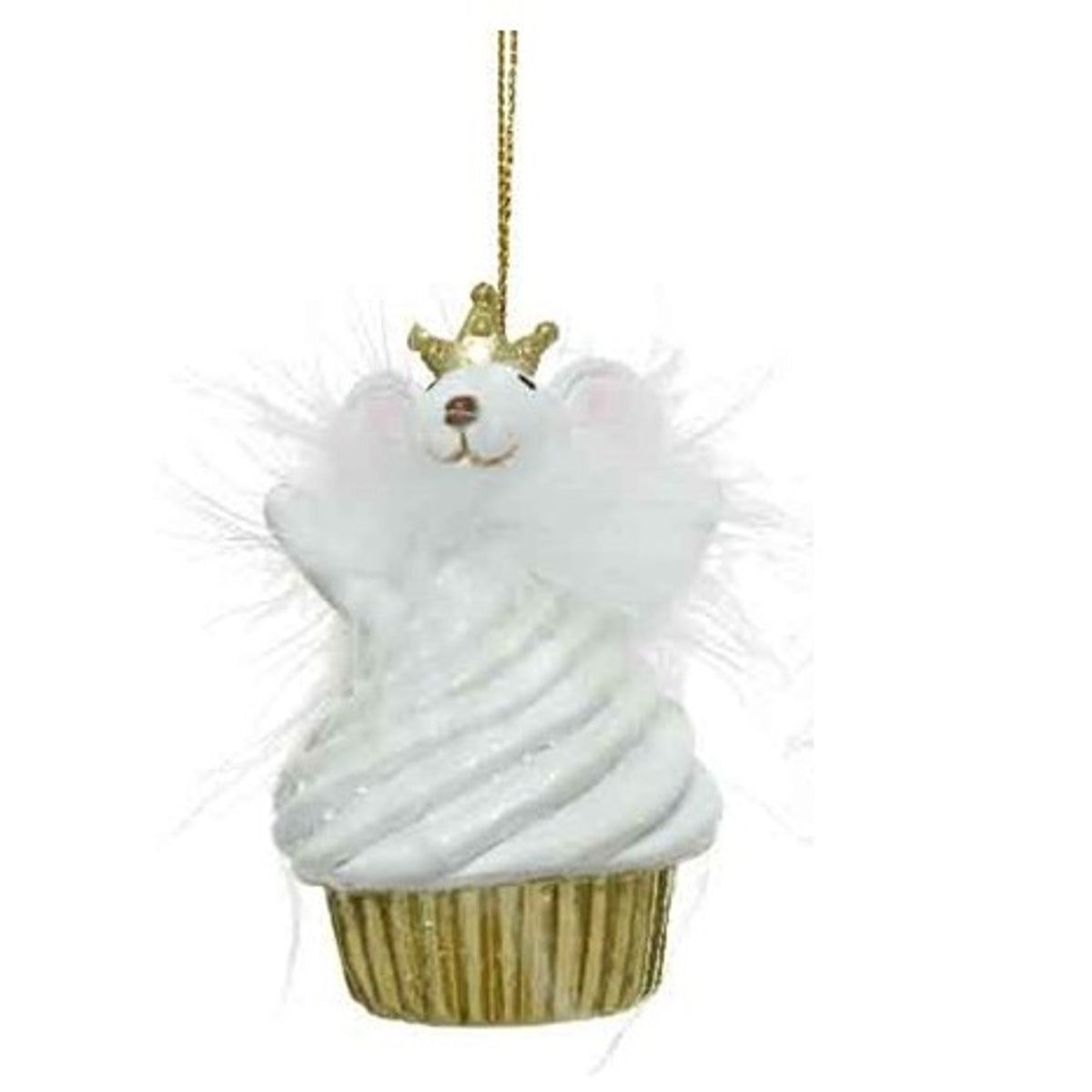 Christmas Tree Decoration: Resin Cupcake Mouse Gold Glitter Crown Feathers GOLD - White & Gold - Kaemingk