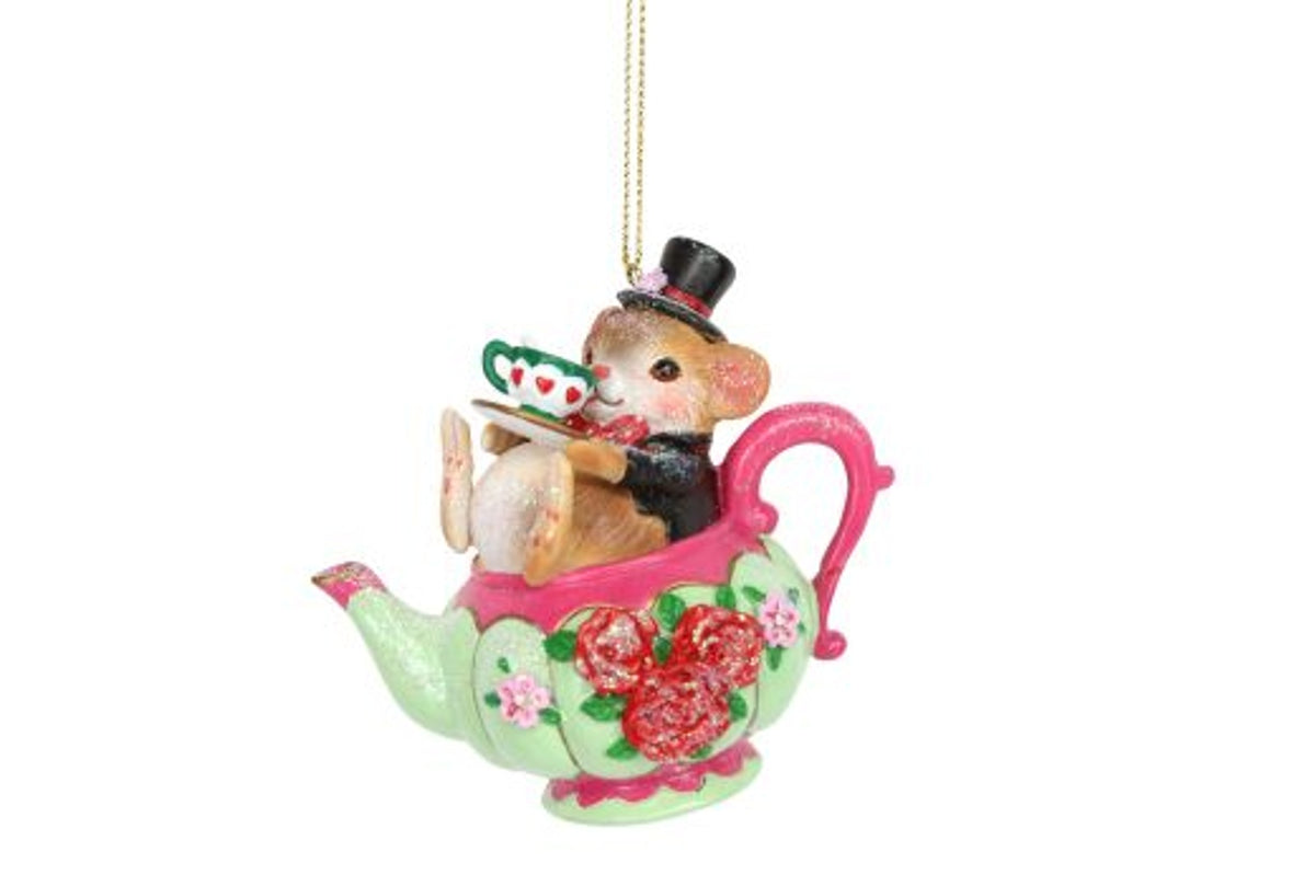 Christmas Tree Decoration: Resin Dormouse Teapot - Pink & Green - Gisela Graham