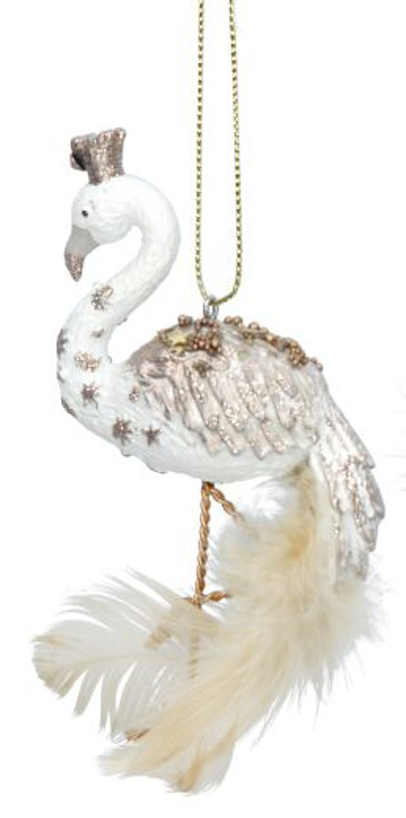 Christmas Tree Decoration: Resin Flamingo Glitter Crown Back Feather - Gold & White