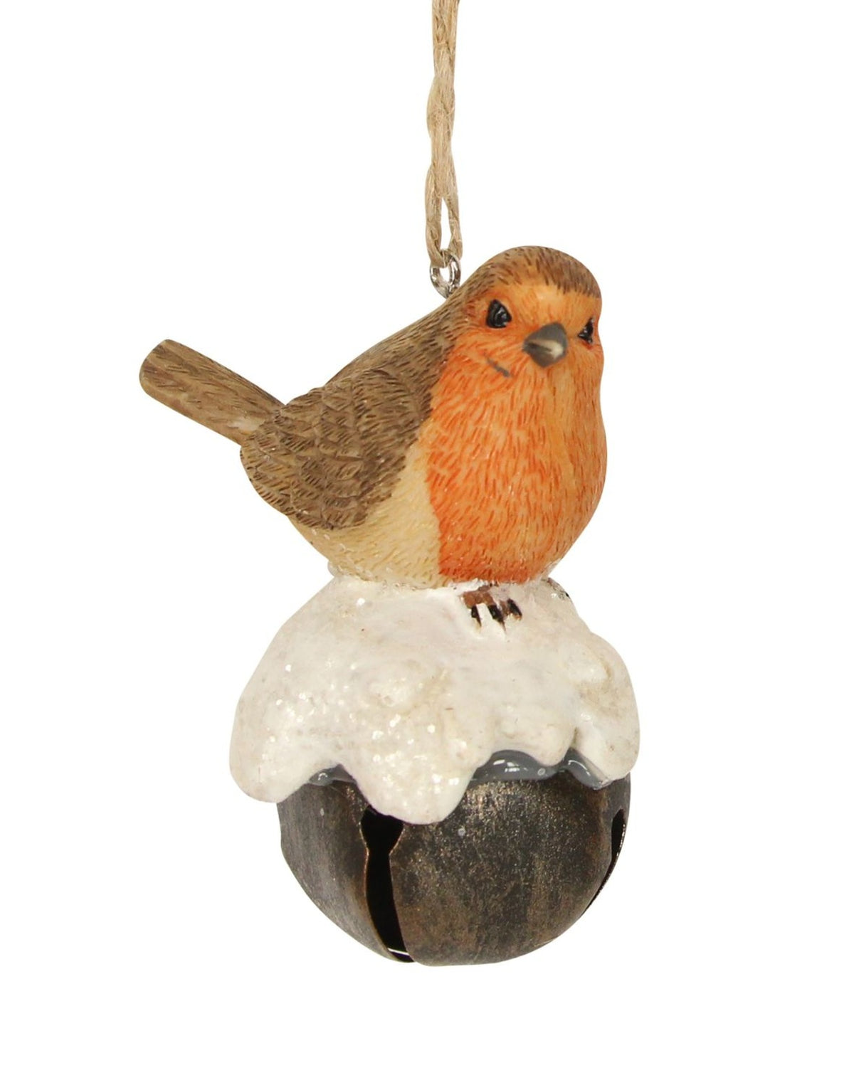 Christmas Tree Decoration: Resin Robin on Metal Bell Right - Gisela Graham