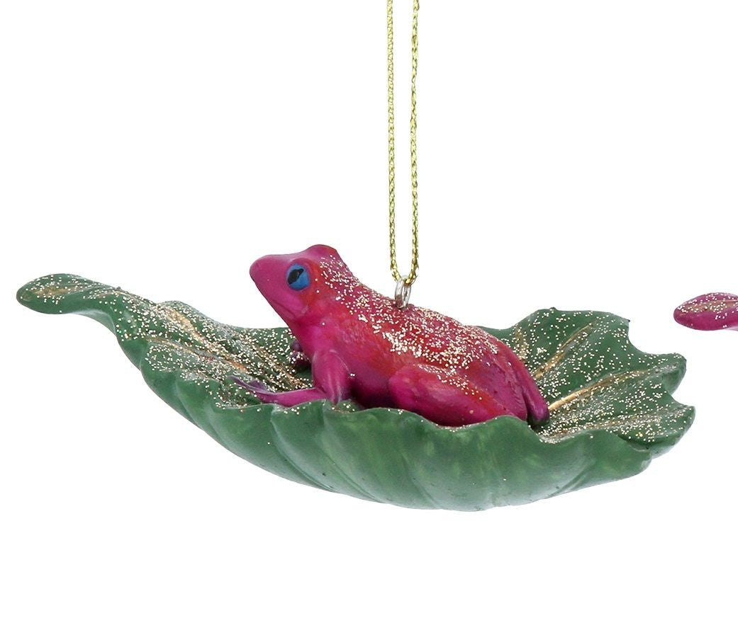 Christmas Tree Decoration: Resin Tropic Fantasy Frog on Green Leaf - Pink - Gisela Graham