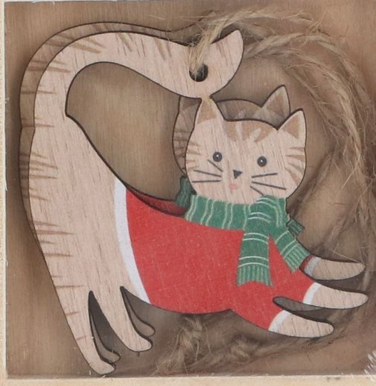 Christmas Tree Decoration: Wood Cat Standing Jumper - Natural - Gisela Graham