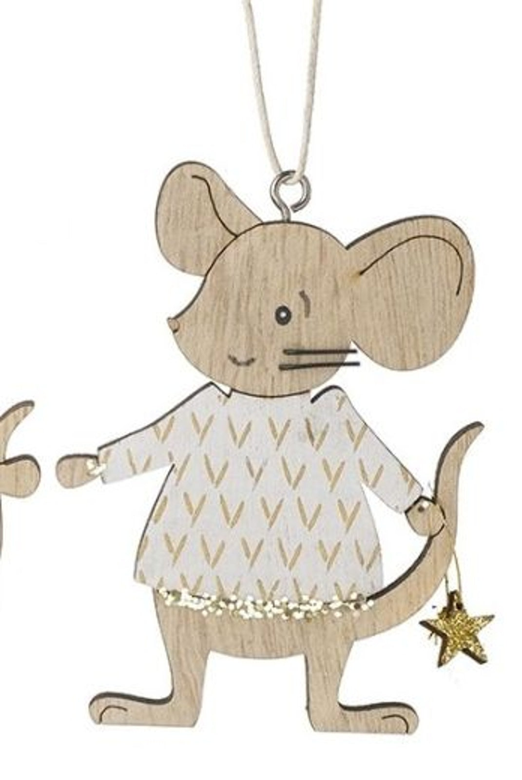 Christmas Tree Decoration: Wood Mouse Girl Sweater - Natural & Gold
