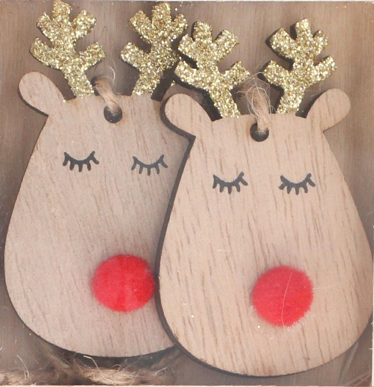 Christmas Tree Decoration: Wood Reindeer Head Pom Pom Nose - Natural - Gisela Graham