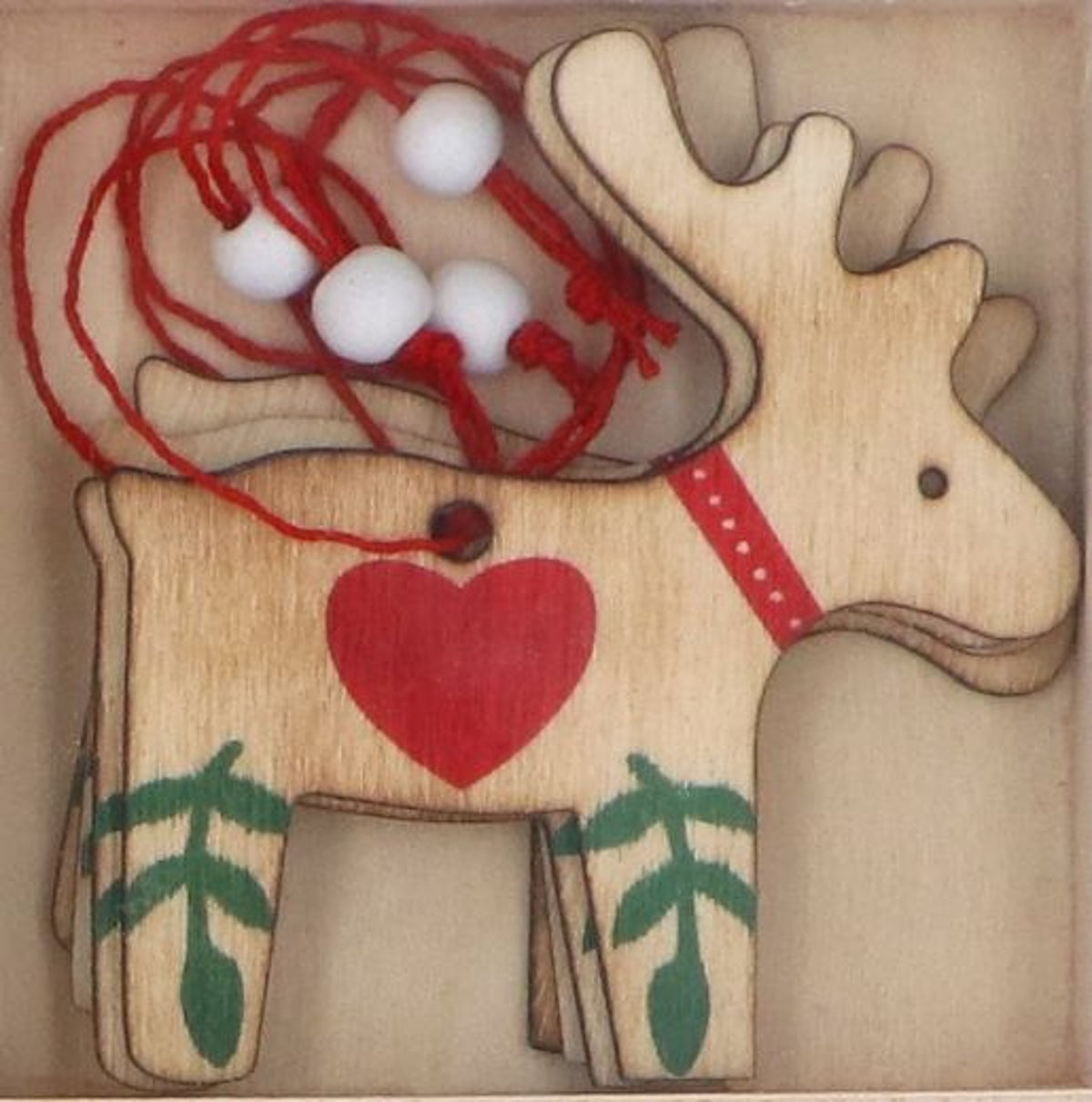 Christmas Tree Decoration: Wood Reindeer Painted Heart - Natural - Gisela Graham
