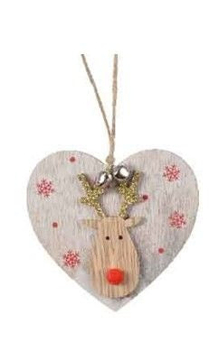 Christmas Tree Decoration: Wood Reindeer Red Nose Heart - Natural