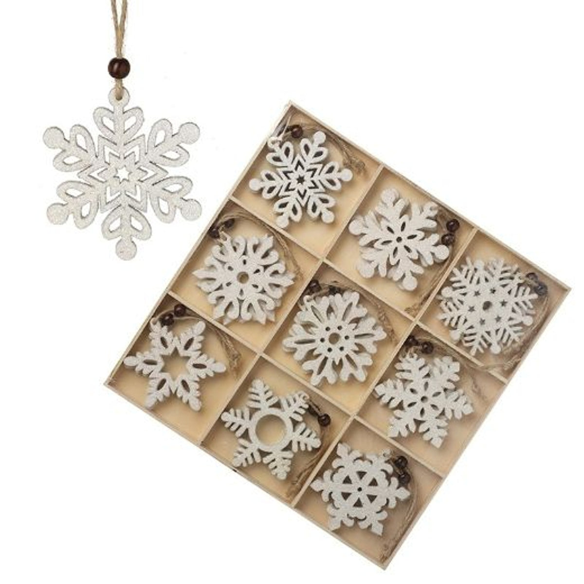 Christmas Tree Decoration: Wood Snowflake Glitter Large - Assorted Designs - White