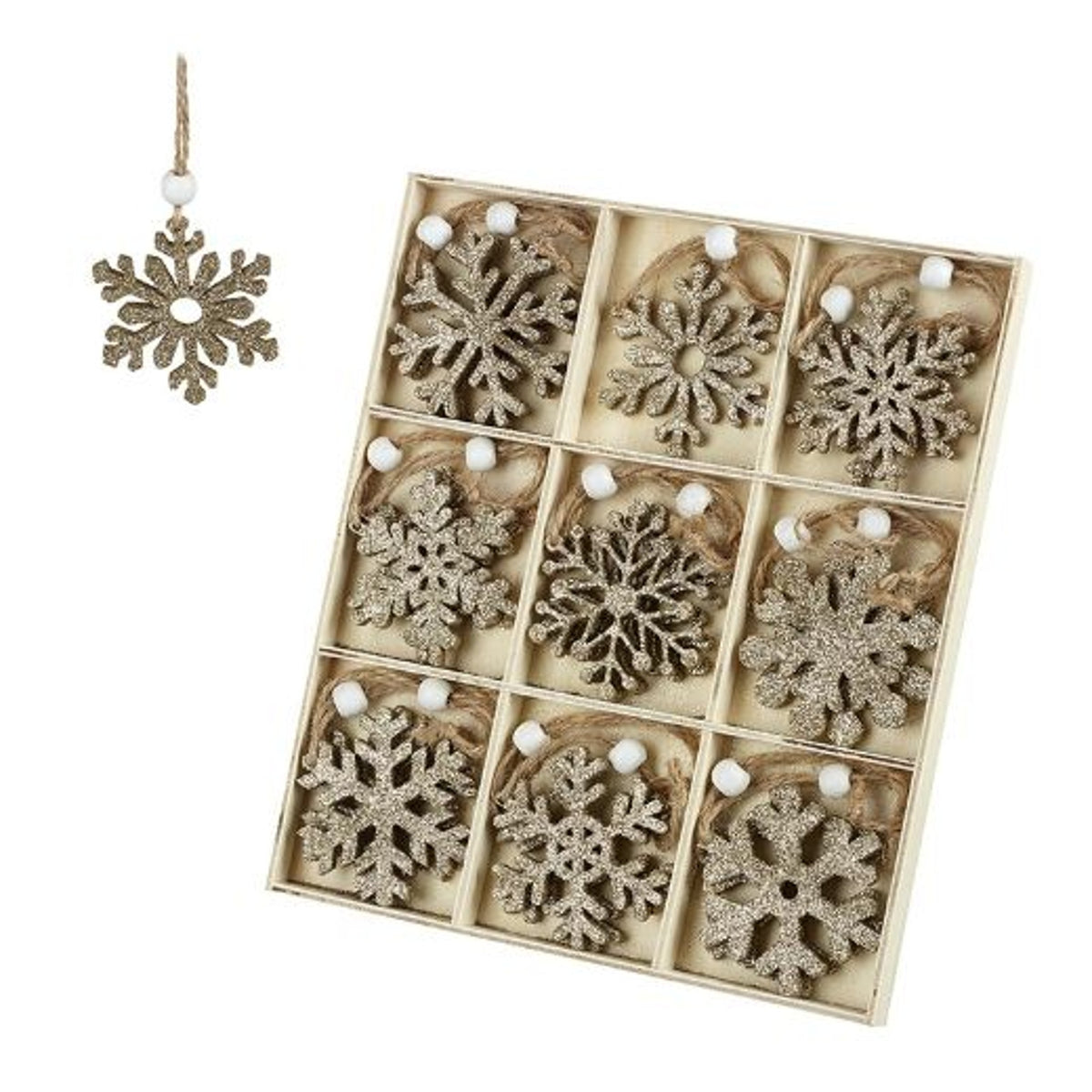 Christmas Tree Decoration: Wood Snowflake Glitter Small Cut Out - Assorted Designs - Natural Gold