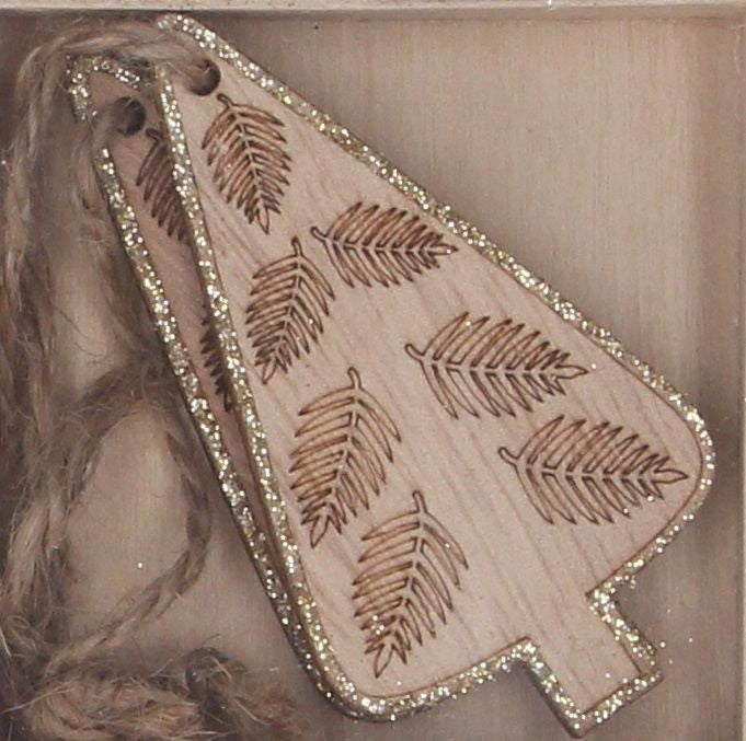 Christmas Tree Decoration: Wood Tree Gold Glitter - Natural - Gisela Graham