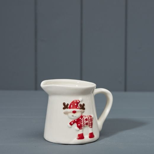 Christmas Jug: Ceramic Reindeer in Jumper Small - White & Red
