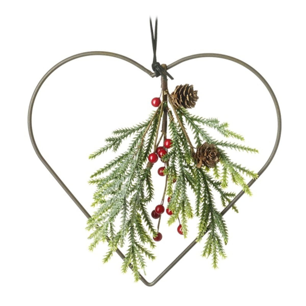 Wreath: Wire Large Heart Faux Leaves Pinecone Berries - Green