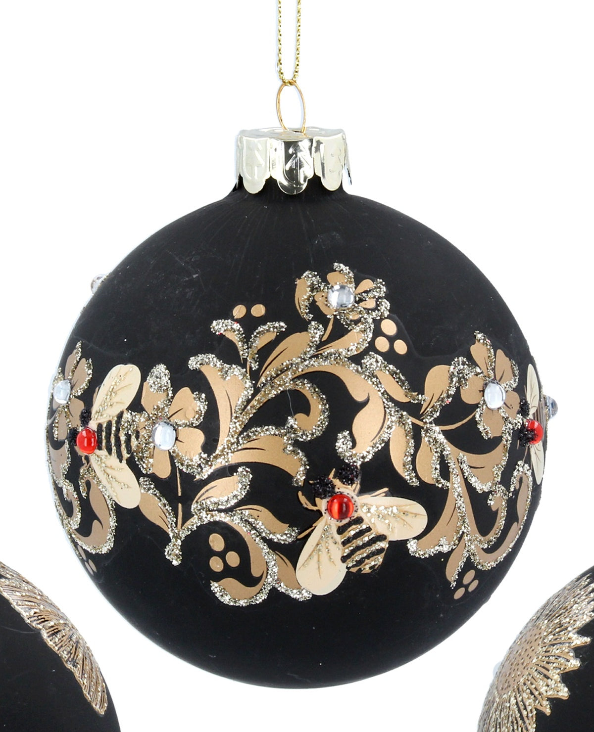 Christmas Tree Decoration: Glass Diamante Bauble Bees & Leaves - Gold & Black - Gisela Graham