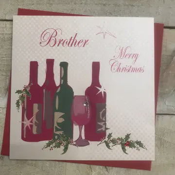 Christmas Card: Brother - Wine Bottles  Hand Decorated- White Cotton Cards