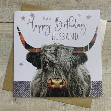 Husband Card: Highland Cow Happy Birthday Hand Finished - White - White Cotton Cards