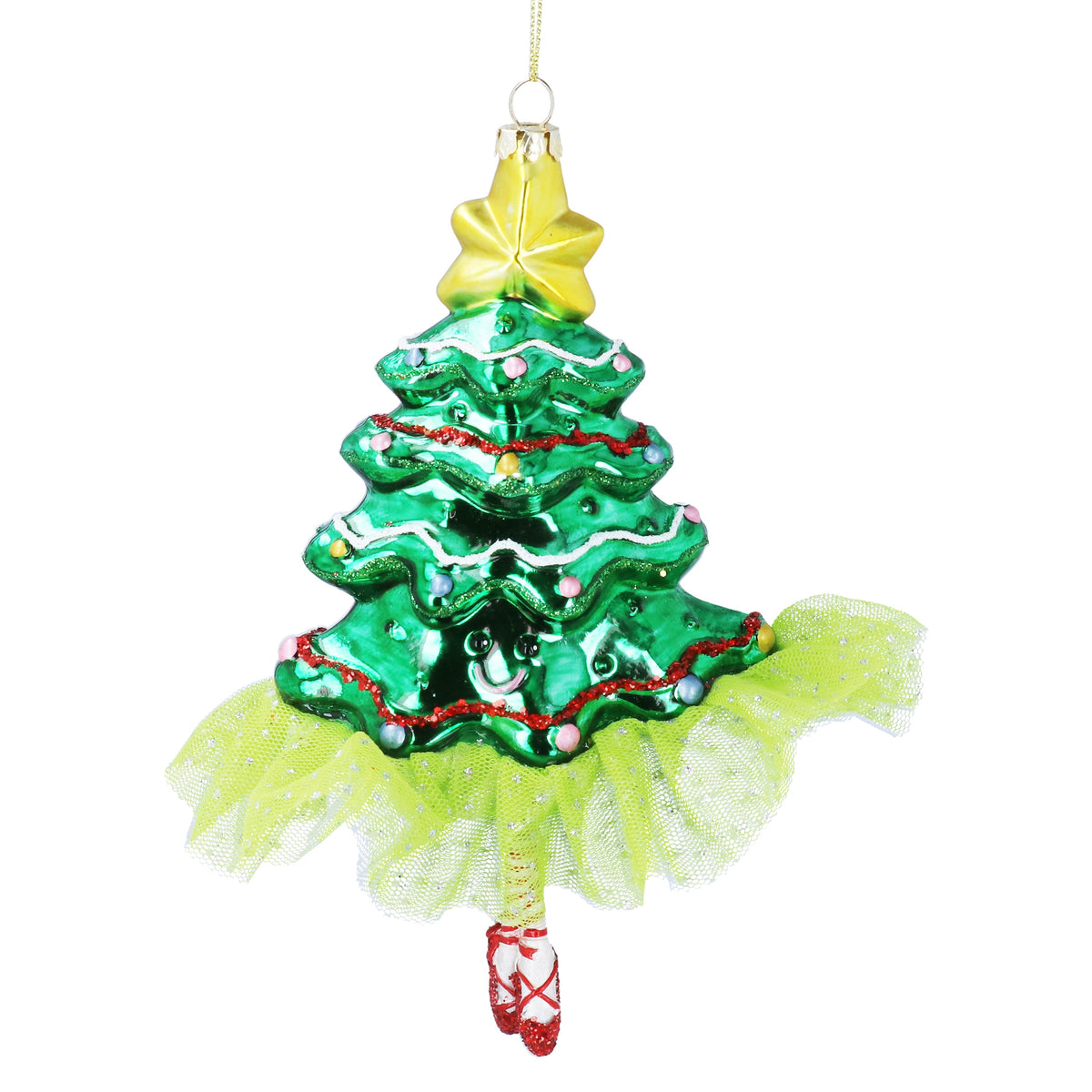 Christmas Hanging Dec: Glass Bauble Shaped Christmas Tree Tutu & Legs - Green - Gisela Graham