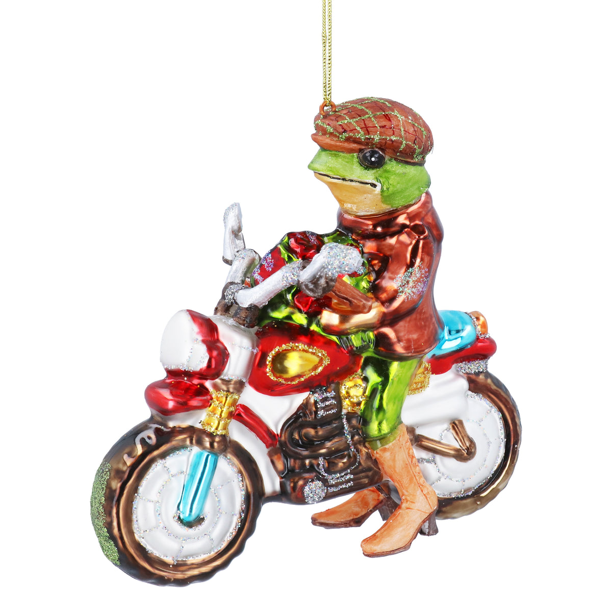 Christmas Hanging Dec: Glass Bauble Shaped Frog on Motorcycle - Multicoloured - Gisela Graham