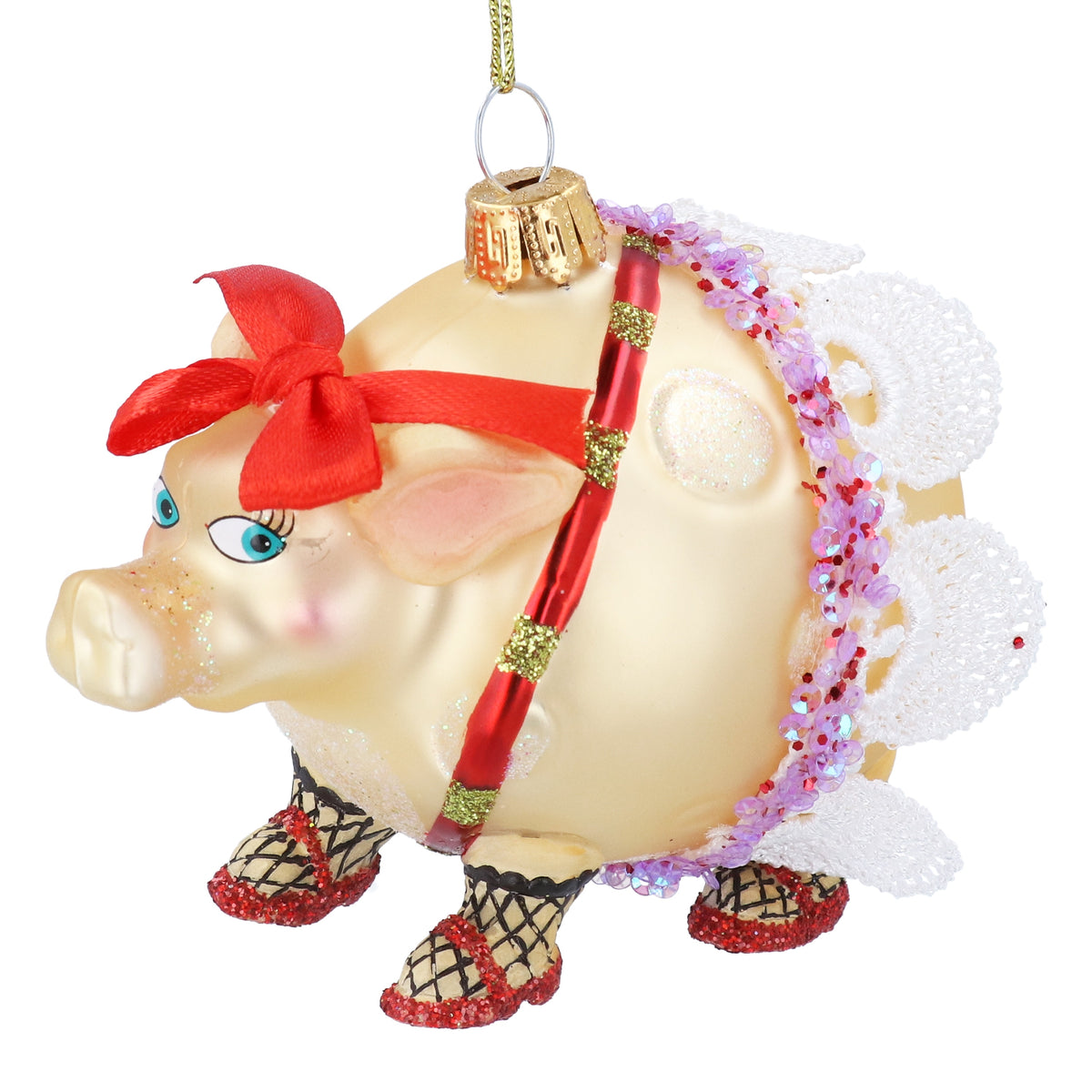 Christmas Hanging Dec: Glass Bauble Shaped Dressed Pig - Pink - Gisela Graham