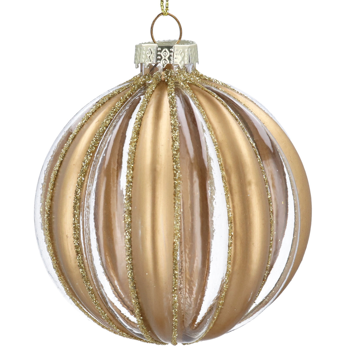 Christmas Hanging Dec: Clear Ribbed Glass Ball w Gold Stripes - Gisela Graham