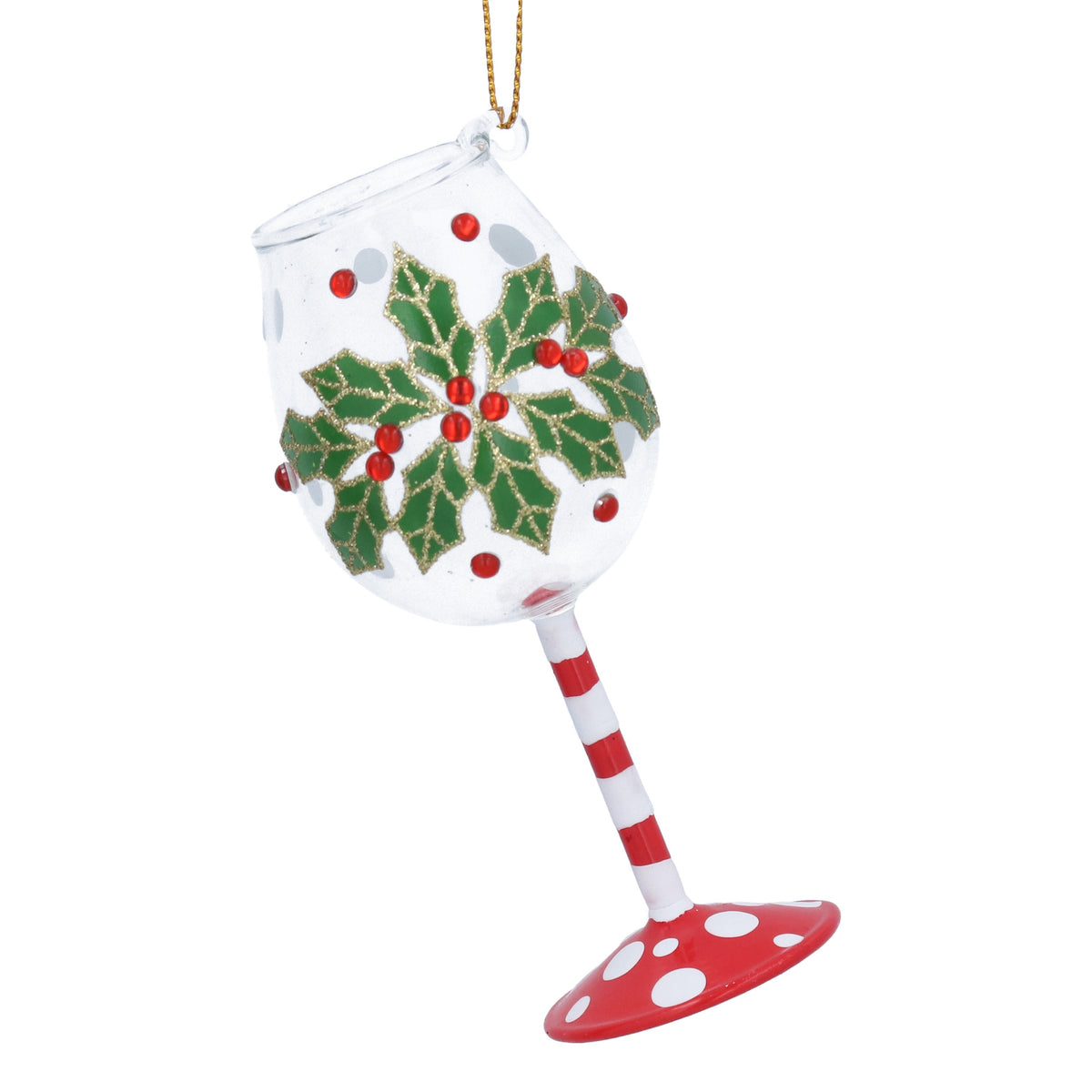 Christmas Hanging Dec: Glass Bauble Shaped Wine Glass Holly - Red - Gisela Graham