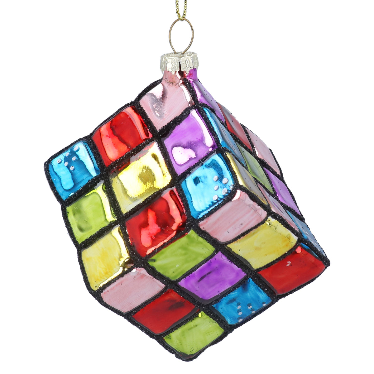 Christmas Hanging Dec: Glass Bauble Shaped Rubiks Cube - Multicoloured - Gisela Graham
