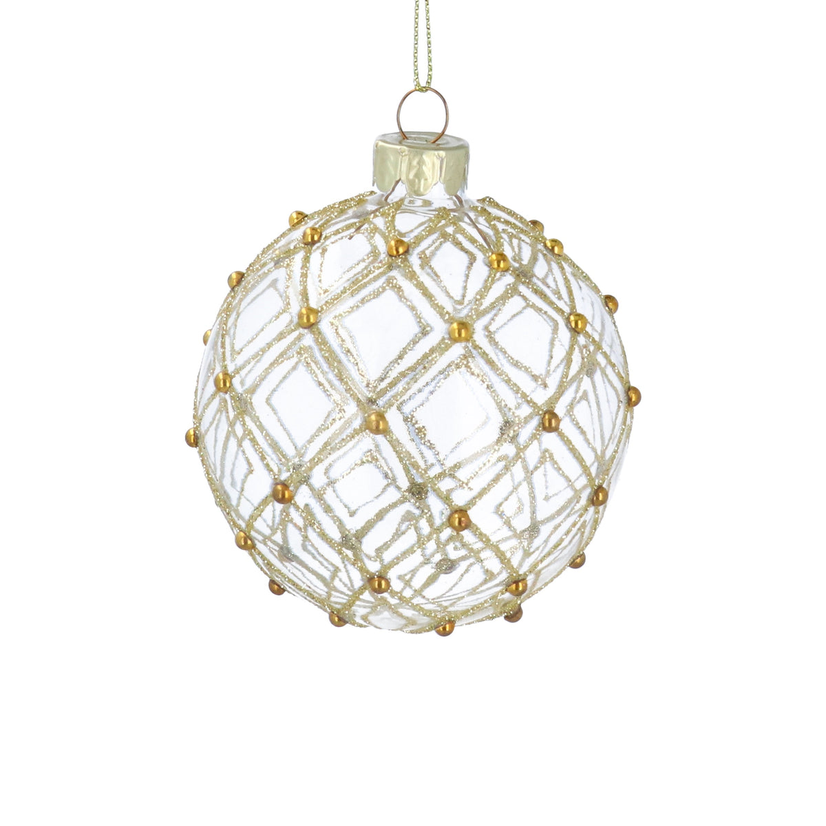 Christmas Hanging Dec: Glass Bauble Gold Glitter Trellis 8cm - Clear - Gisela Graham