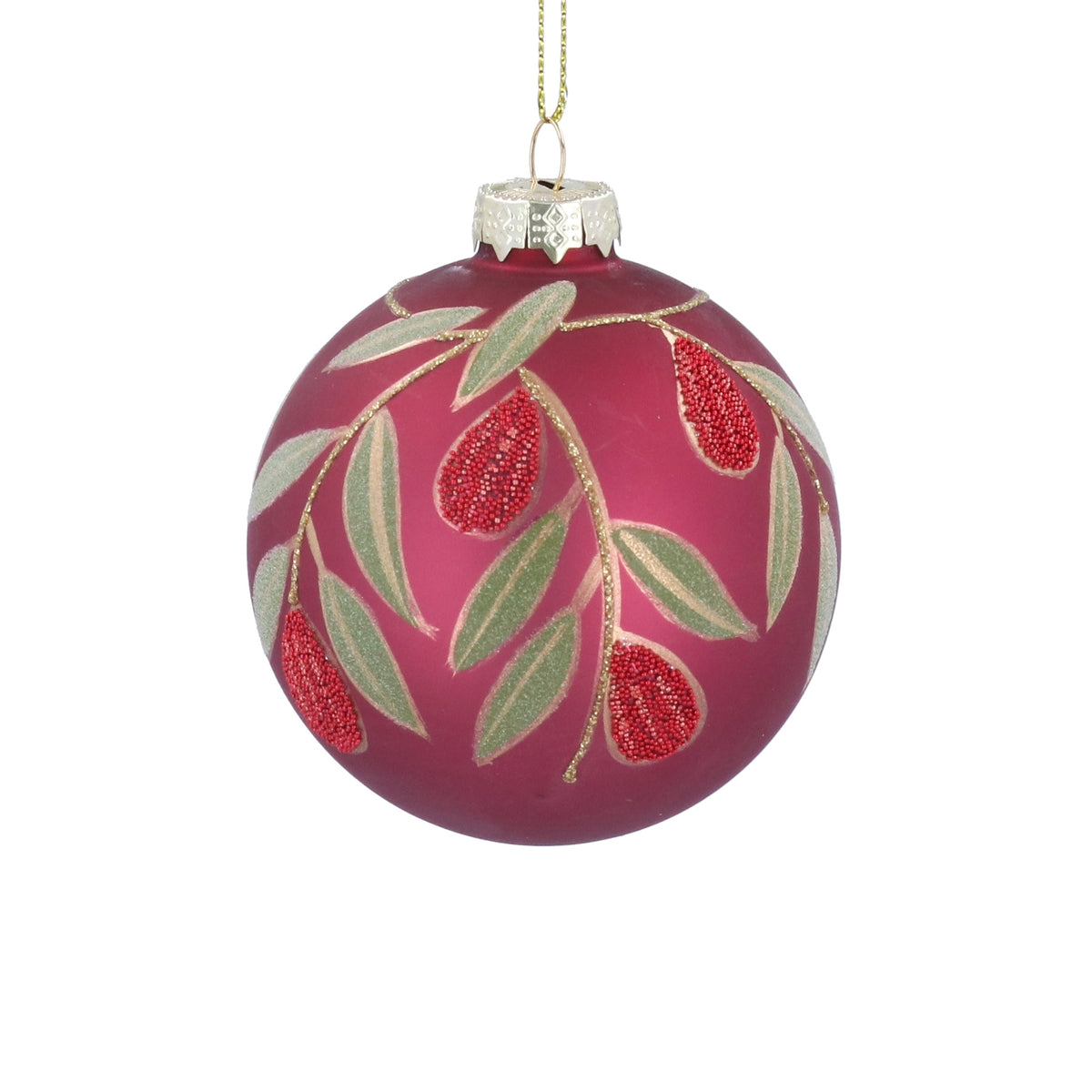 Christmas Hanging Dec: Matt Cerise Glass Ball w Beaded Fruit/Leaves - Gisela Graham
