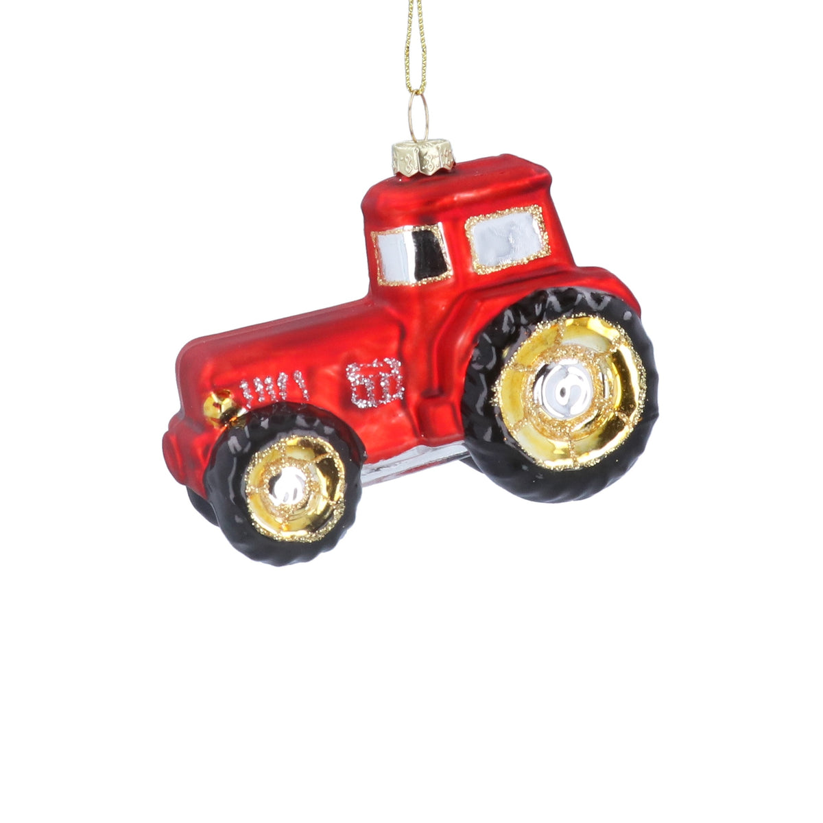 Christmas Hanging Dec: Glass Bauble Shaped Tractor - Red - Gisela Graham