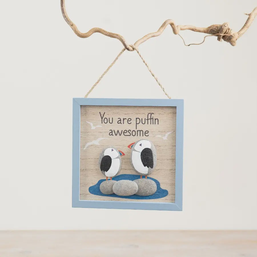 Hanging Dec: Wood You Are Puffin Awesome Framed - Blue - Gainsborough Giftware