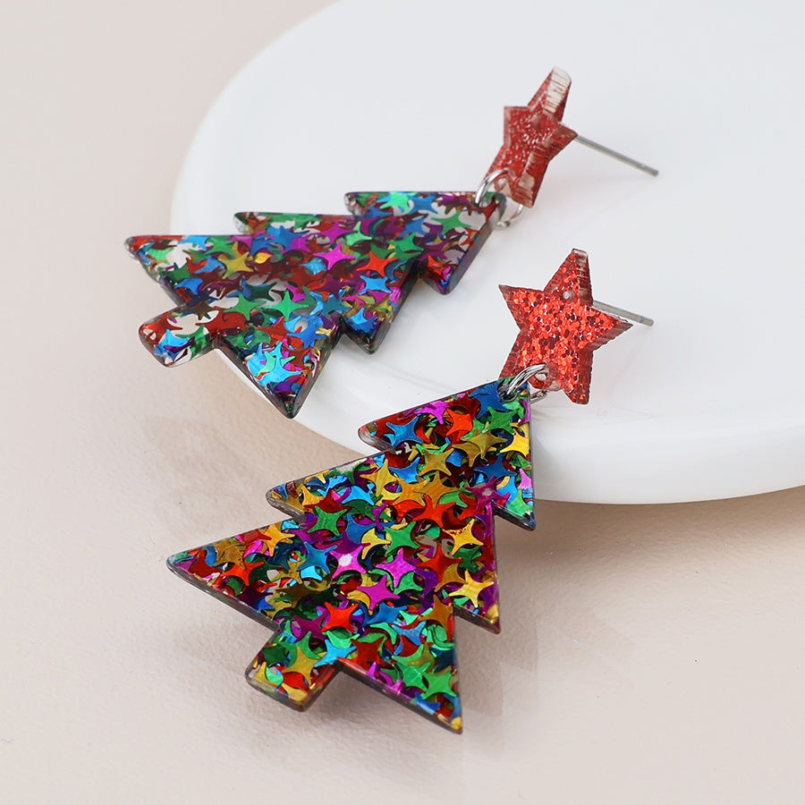 Earrings: Novelty Acrylic Chritsmas Tree - Multicolour - POM
