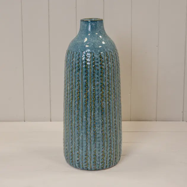 Vase: Ceramic Glazed Pattern Vertical Stripes Tall - Blue
