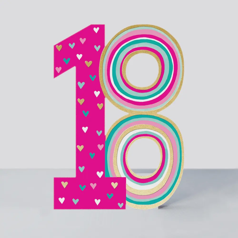 Age 18th Card: GIRL Bright Pink Hearts - Pink - Rachel Ellen
