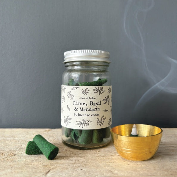 Incense Cones: Glass Jar 35 Lime Basil & Mandarin - Green - East of India