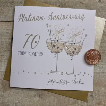 Anniversary Card: Platinum 70th Handmade Crystals Glitter - Gold - White Cotton Cards