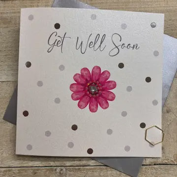 Get Well Card: Get Well Soon Spots Pink Flower - White Cotton Cards