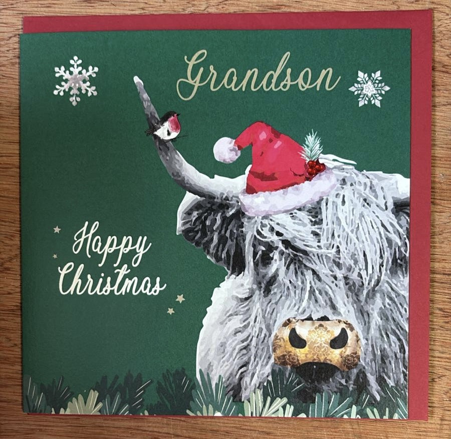 Christmas Card: Grandson  Highland Cow Hand Decorated- White Cotton Cards