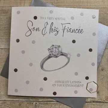 Engagement Card: Special Son And Fiance Hand Finished Crystals & Glitter - Silver - White Cotton Cards