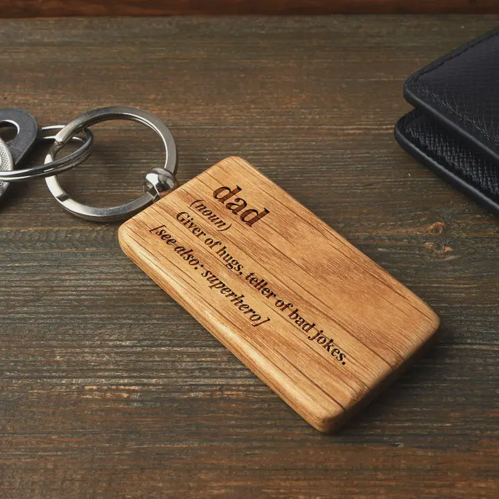 Keyring: Wood Rectangle Dad Giver Of Hugs Teller Of Bad Jokes  - Natural Oak - CGB