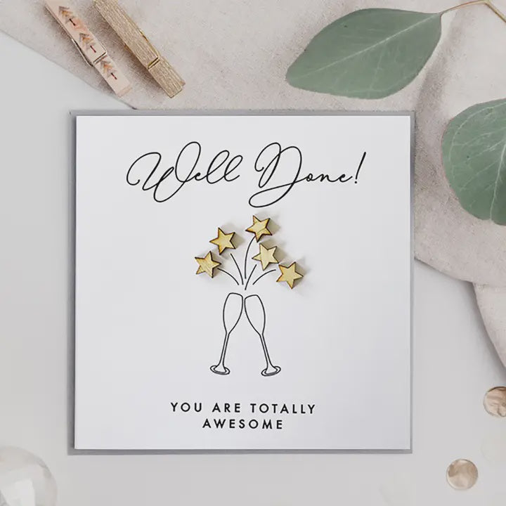Well Done Card: Wooden Stars Champagne Glasses- Jodie Gaul & Co