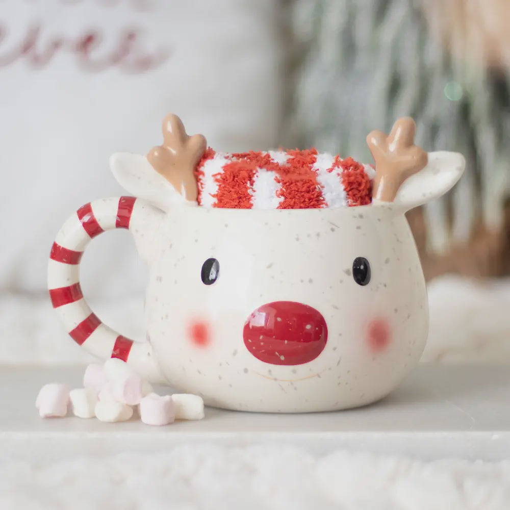 Christmas Mug & Socks: Ceramic Rounded Reindeer - Red & White - Something Different