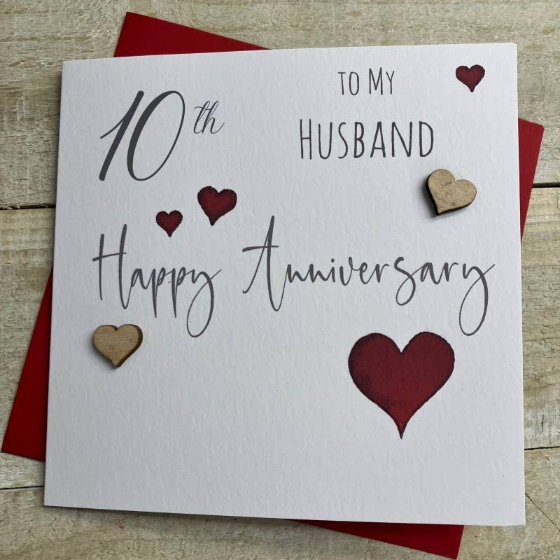Anniversary Card: 10th Anniversary To My Husband Wooden Hearts Hand Finished - White Cotton Cards