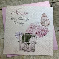 Nanna Card: Butterflies With Love Handmade Crystals - Pink - White Cotton Cards