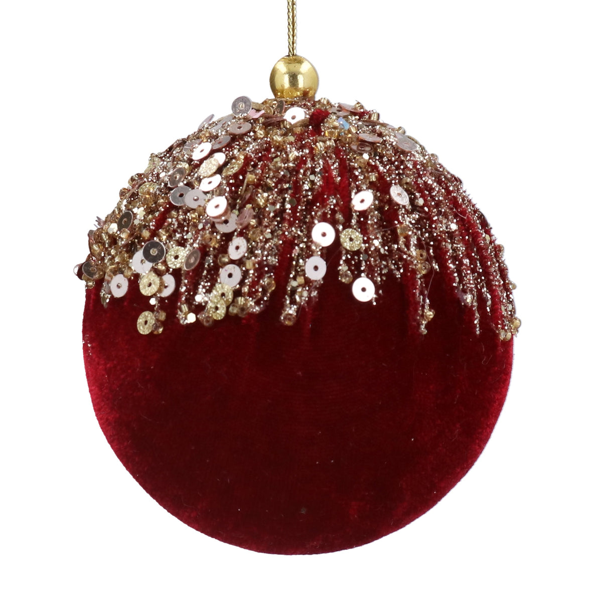 Christmas Hanging Dec: Velvet Ball With Gold Cascade - Burgundy - Gisela Graham